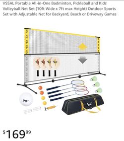 Portable All-in-One Badminton, Pickleball and Kids' Volleyball Net Set (10ft Wide x 7ft max Height) Outdoor Sports Set with Adjustable Net for Backyar