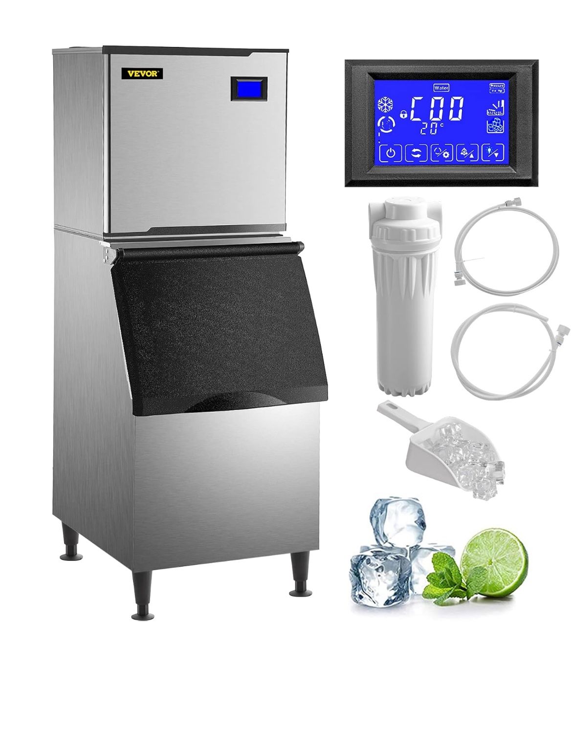Commercial Ice Maker Machine, 360LB/24H Stainless Steel Industrial Ice Machine with 250LB Large Storage for Home Bar Restaurant, 195PCS Ice Cubes Rea