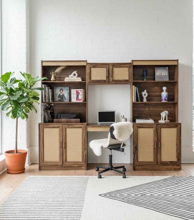 MCM Scandinavian 3 Bay Faux Wood Laminate Wall Unit w/ Desk