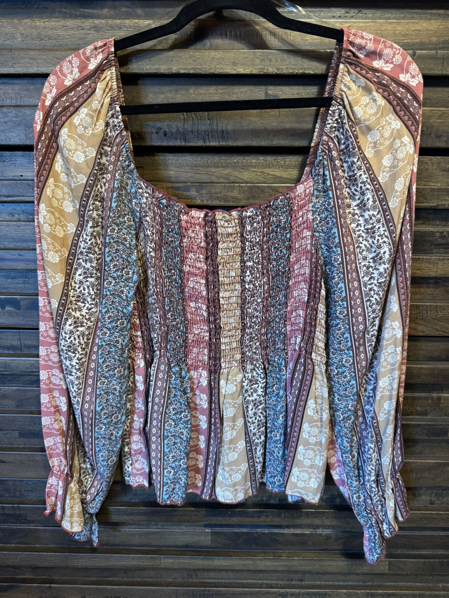 Sugarfox Dusty Rose Vertical Stripe Floral Off Shoulder Top Boho Womens LRG NWT