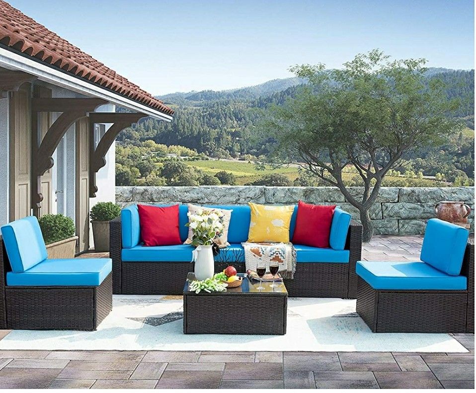Sturdy 6 Pieces Patio Outdoor Furniture Sets, All-Weather Rattan Sectional w/Coffee Table& Washable Couch Cushions