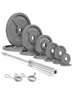 WF Athletic Supply 290lb Traditional/Classic Olympic Weight Plates Set with 7 ft.