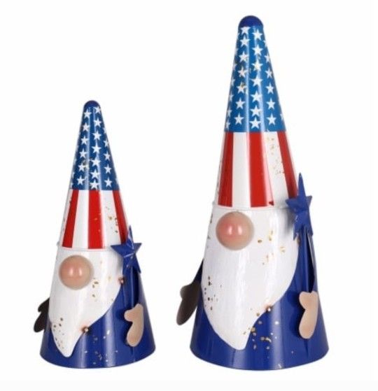Two NIB 12 & 16" Tall Outdoors Gnomes, Americana Metal Statue Yard Art Figurines