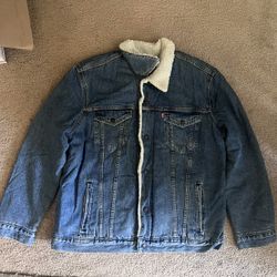Levi's Premium Jacket Mens XXL Blue Denim Trucker Sherpa Lined 