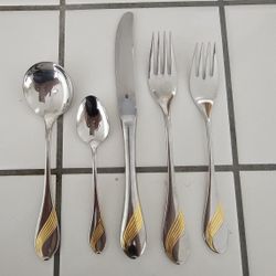 Cronargan Stainless And Gold Plated Flatware 12 Place Settings And Serving Pieces
