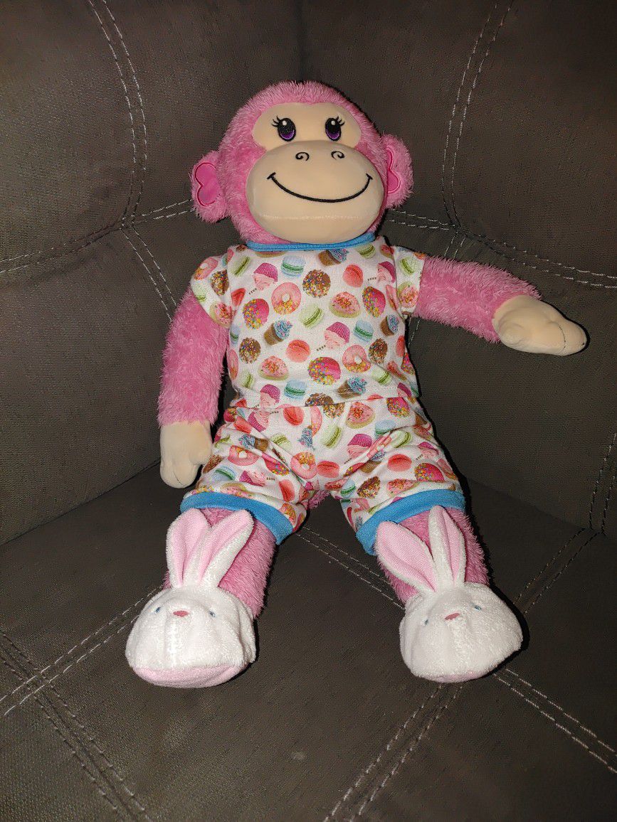 BUILD A BEAR Pink Monkey w/ Sweets Pajamas and Bunny Slippers