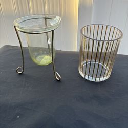 Gold Striped Glass Vase & Metal Stand 