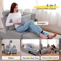 Sleeper Sofa Bed 4-in-1 Convertible Couch, Linen Fabric Love seat Couch with 2 Throw Pillow, Single Recliner for Small Space with 5 Adjustable Angles 