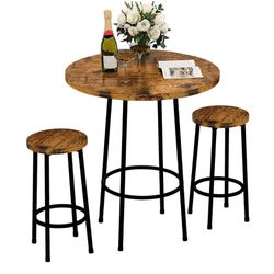 3 Piece Pub Dining Set, Modern Round bar Table and Stools for 2 Kitchen Counter Height Wood Top 