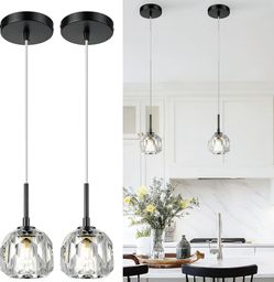 2 Pack Black Cryatal Pendant Lights Adjustable Hanging Fixtures Kitchen Island Dining Room