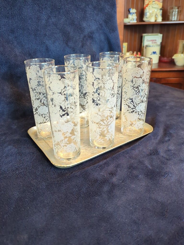 Libby White Rose Ice Tea/High Ball Glasses