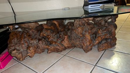 Natural Root Wood Coffee Table with Smoked Glass Top – Heavy Artisan Statement Piece”
