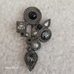 Patricia Locke Silver GEOMETRIC Stones Pin / Brooch