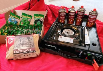 Portable Gas Stove, Butane Fuel, First Aid Kit, And Insect Repellent Bracelets Lot! 