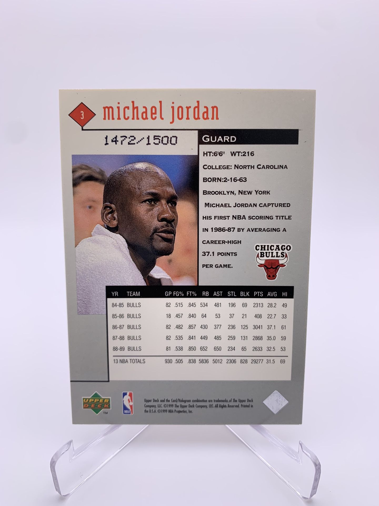 Michael Jordan 1998 Upper Deck Black Diamond Triple GOLD Card /1500