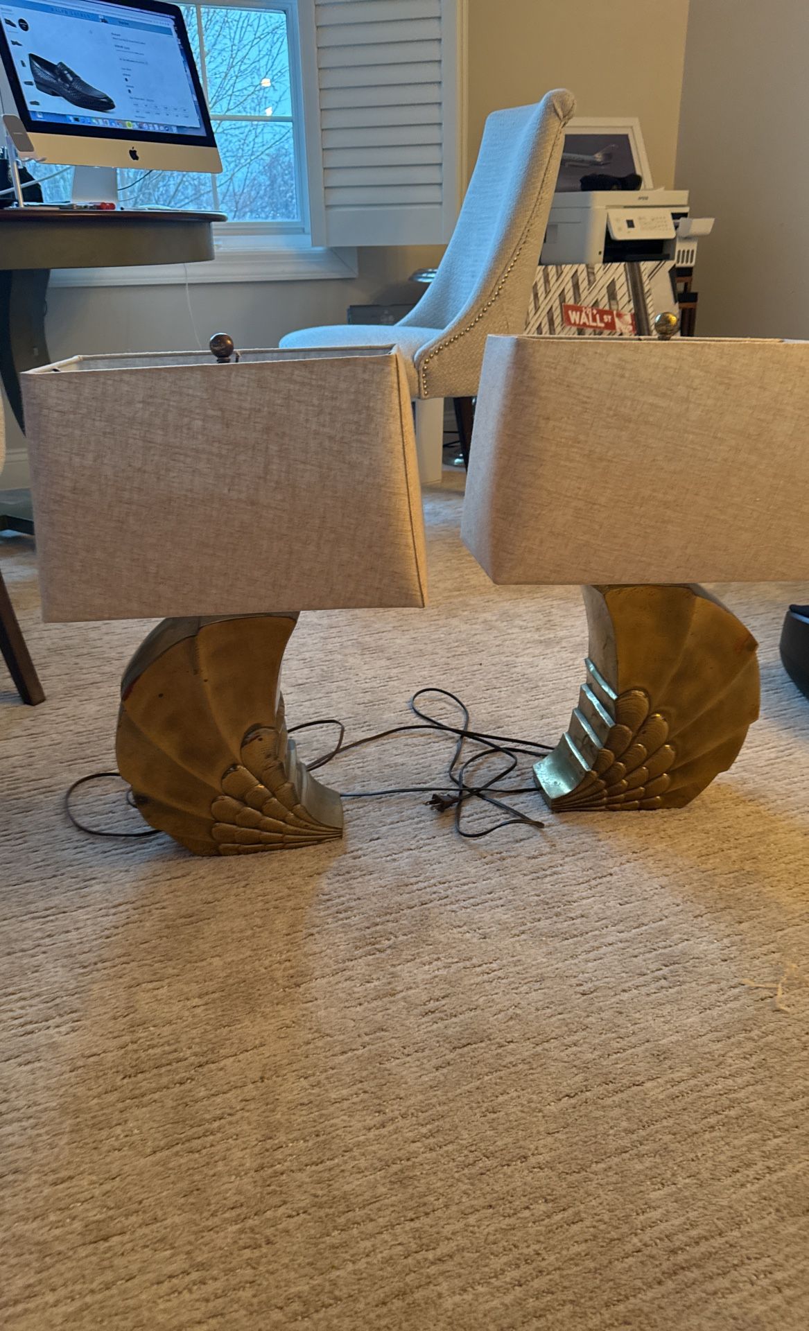 Two Maurice Valencia Brass Lamps and shades