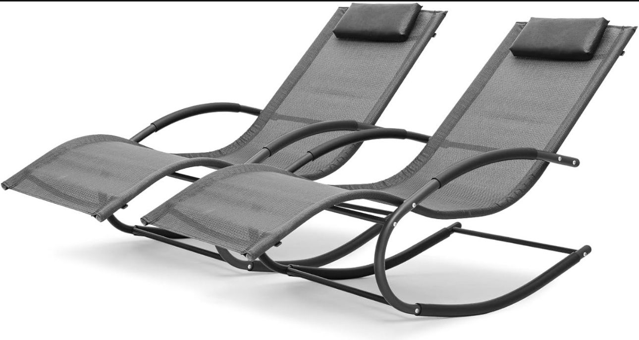MoNiBloom Rocking Lounge Chair Set of 2, Metal Frame Chaise Lounges for Outside Patio with Headrest, Breathable All Weather Pool Deck Chairs for Loung