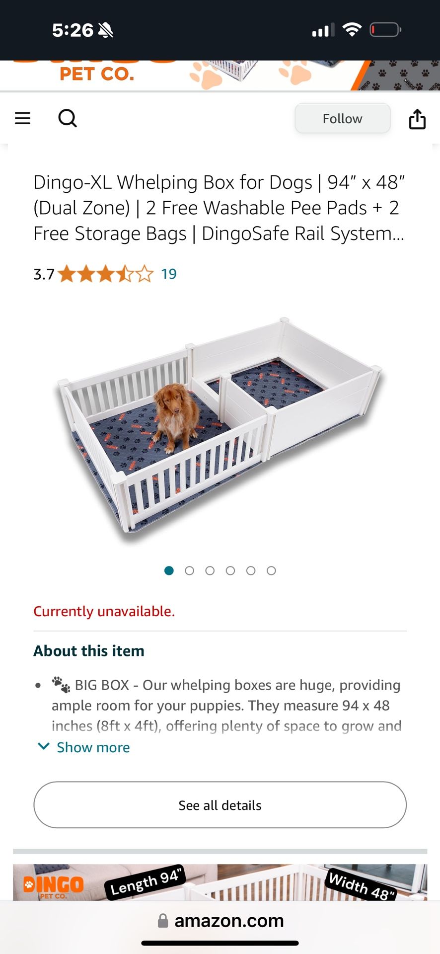 Dingo-XL Whelping Box for Dogs | 94" x 48" (Dual Zone) | 2 Free Washable Pee Pads + 2 Free Storage Bags | DingoSafe Rail System...