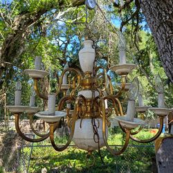 Georgian style vintage brass and porcelain 2 tier 12 light chandelier