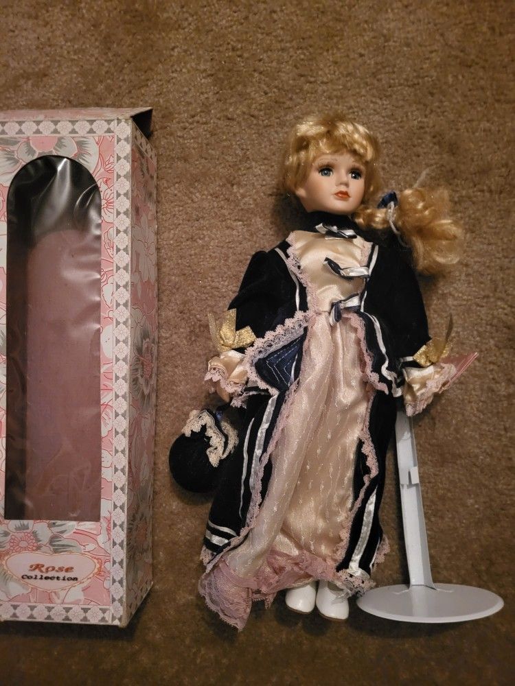 16" Tall Rose Collection - Doreen - Porcelain Doll W/ Stand - Like-New