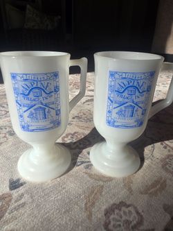 Vintage 1970s Alpine Village Inn Las Vegas Milk Glass Mugs - Set of 2