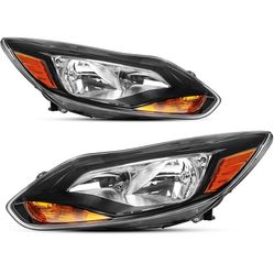 Headlights Assembly for 2012 2013 2014 Ford Focus Halogen Head light Headlamp, Bulb Include, Black Housing Amber Corner