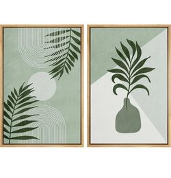 Canvas 16x24 Wall Art Green Forest Plants and Geometric Polygons Abstract Modern