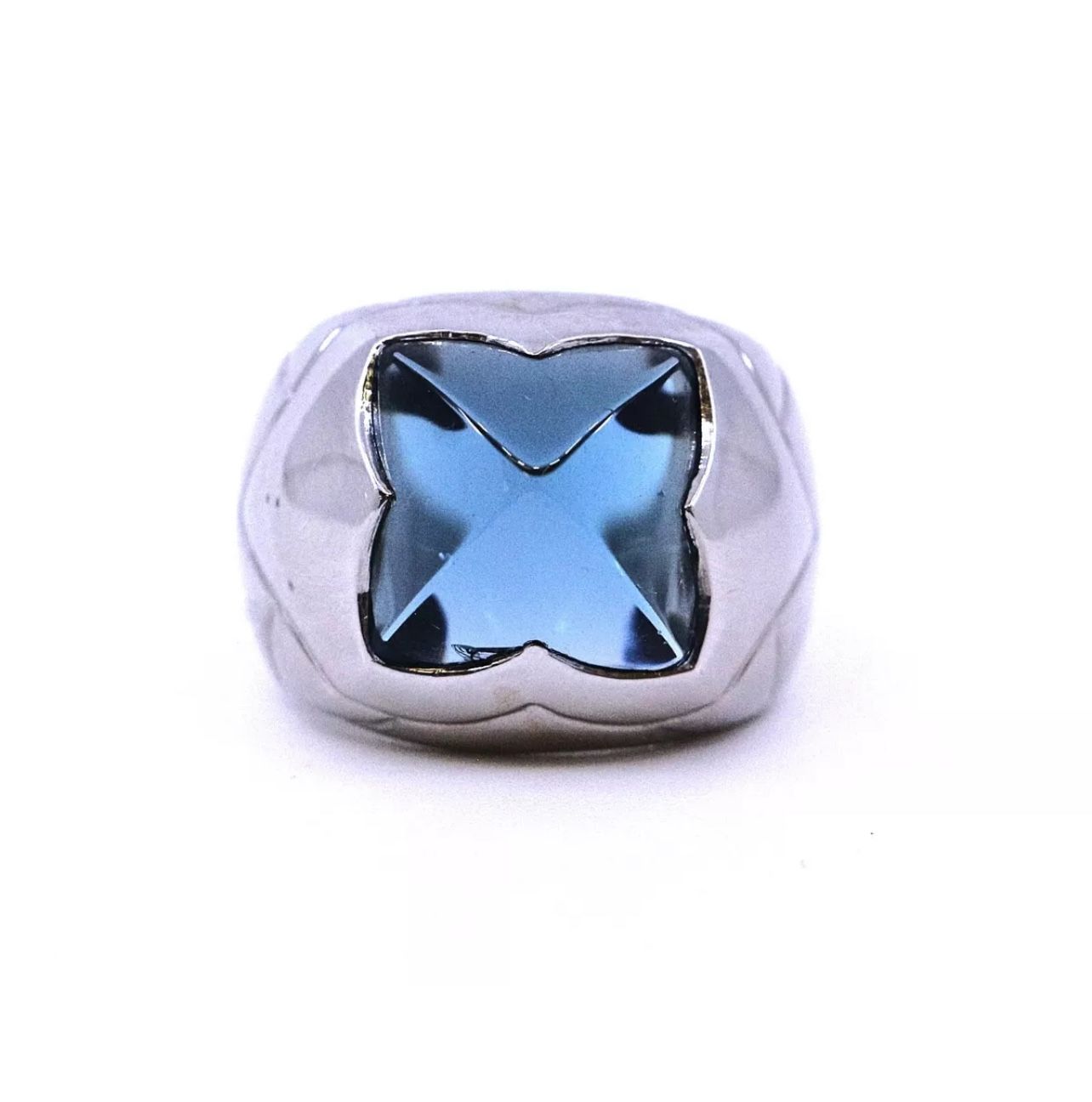 Bulgari Piramid Style Blue Topaz 18k White Gold Floral Ring Size 9.5