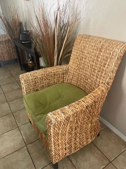 Woven Seagrass Accent Chair with Green Cushion
