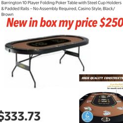 New in box  Barrington 10 Player Folding Poker Table with Steel Cup Holders & Padded Rails – No Assembly Required, Casino Style, Black/Brown  $250 fir