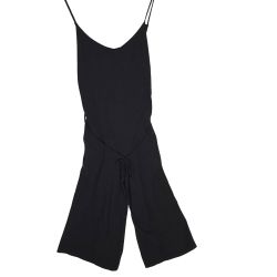 Women's Black Linen-Blend Jumpsuit Spaghetti Strap Wide Cropped Leg S/M