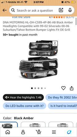 DNA MOTORING HL-OH-CS99-4P-BK-AB Black Amber Headlights Compatible with 99-02 Silverado 00-06 Suburban/Tahoe Bottom Bumper Lights Fit OE Grill