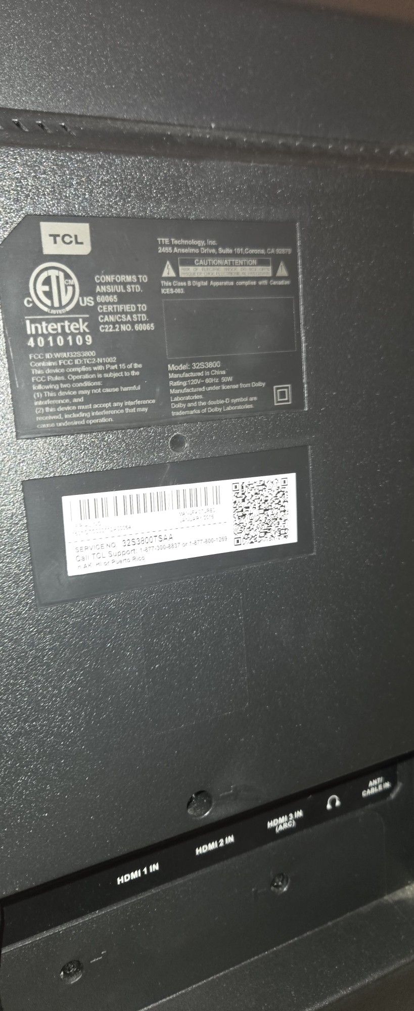 TCL 32 INCH TV, MODEL 32S3800