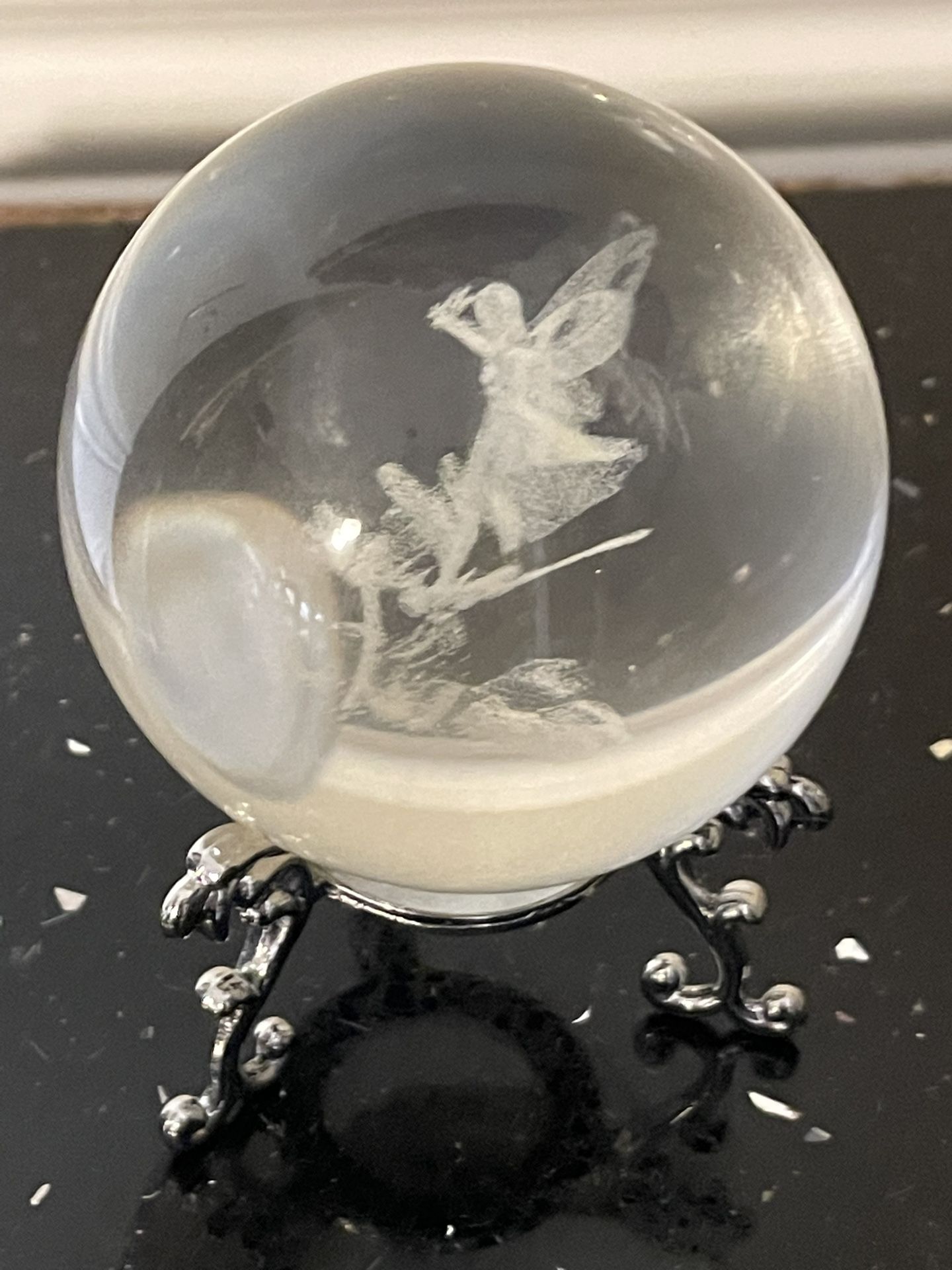3D Laser Crystal Fairy with Dragonfly and Lotus Figurines Crystal Ball Paperweight with Stand Base