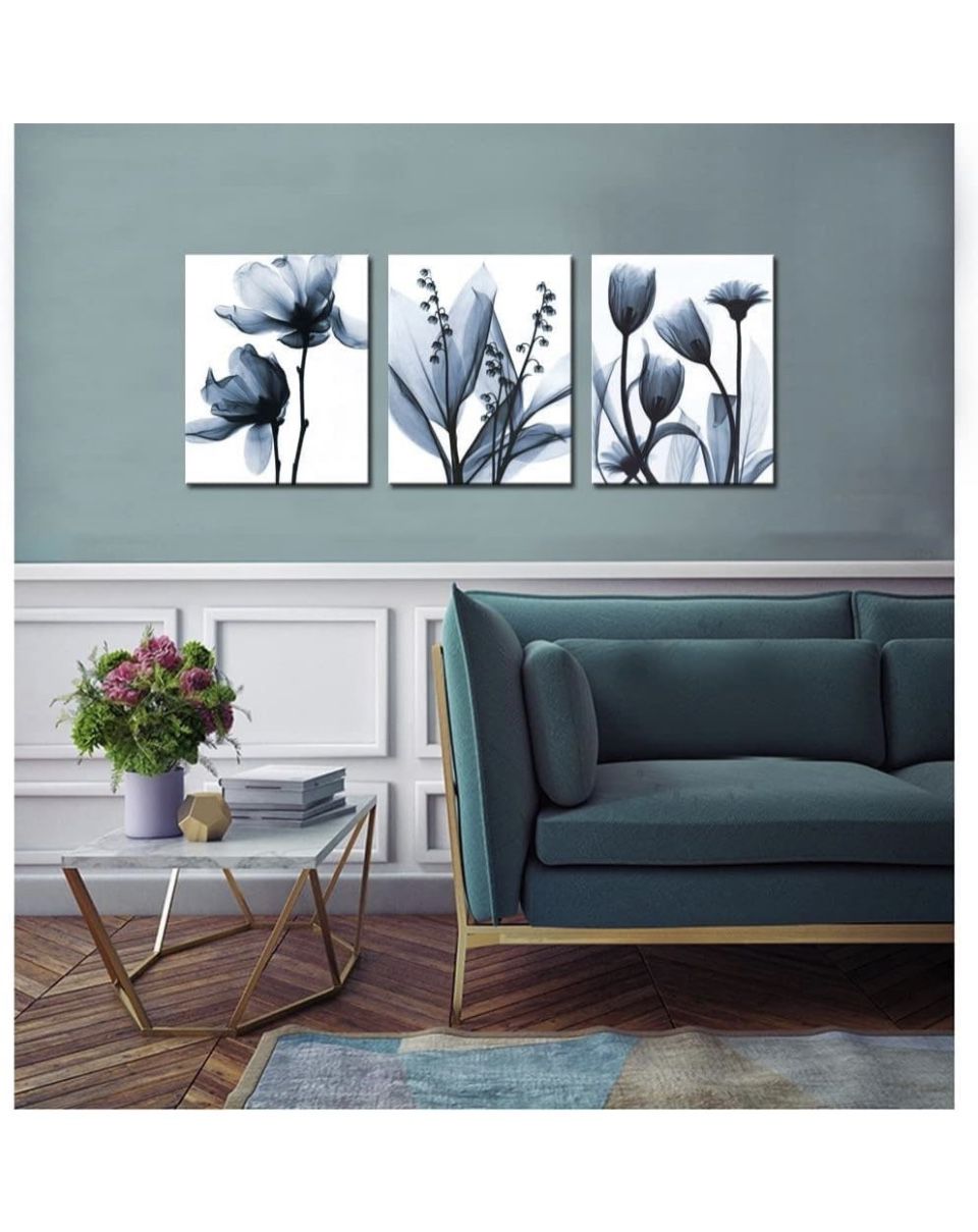 3Pieces Canvas Painting Wall Art Black  Flower Picture Abstract Floral Artwork Modern Pictures Framed Artwork Poster for Living Room Bedroom Framed Ho
