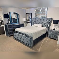 4PC King size Luxury bedroom set with Buit in Fireplace