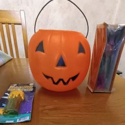 Vintage  1970's Halloween Blow Mold Pumpkin Bucket & set. See our other great vintage art antiques jewelry sports trains fishing lures Furniture Colle