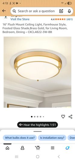 16" flash mount ceiling light Farmhouse style  Brass Gold