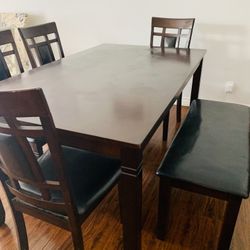  Rectangular Wood 60" Kitchen Dining Table With Bench + Side Chairs Set