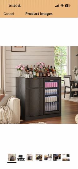 Mini Fridge Cabinet, Coffee Bar Cabinet with Fridge Space, Black Power Outlet, Wine Glass Rack, Fluted Buffet Sideboard with Drawer & Adjustable Shelf