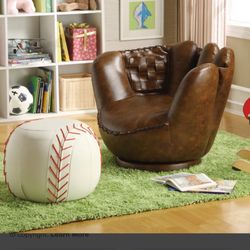 Leather Children's Baseball Glove Chair With Ottoman
