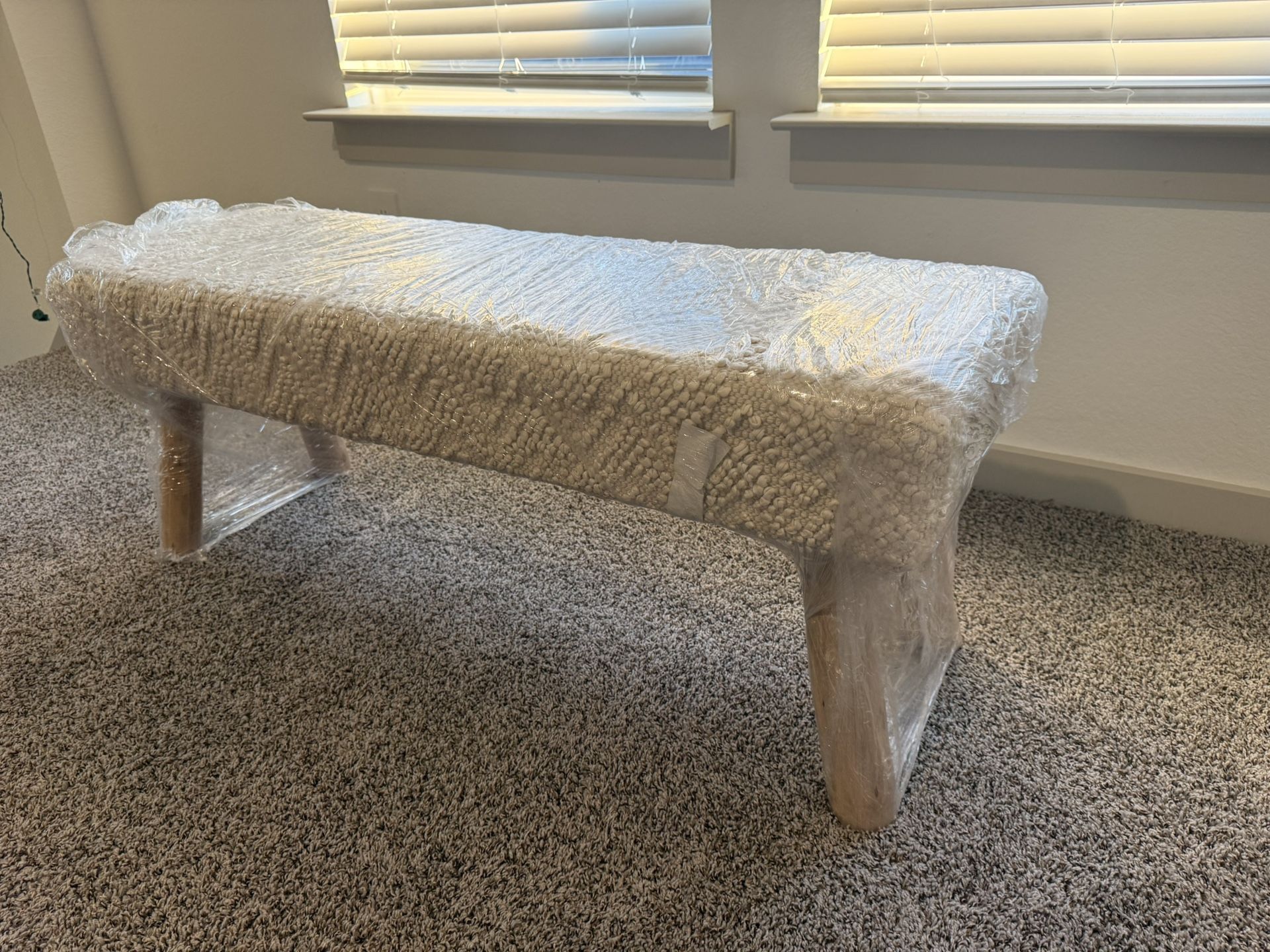 Textured Woven Upholstered Bench – Gently Used, Wrapped for Moving