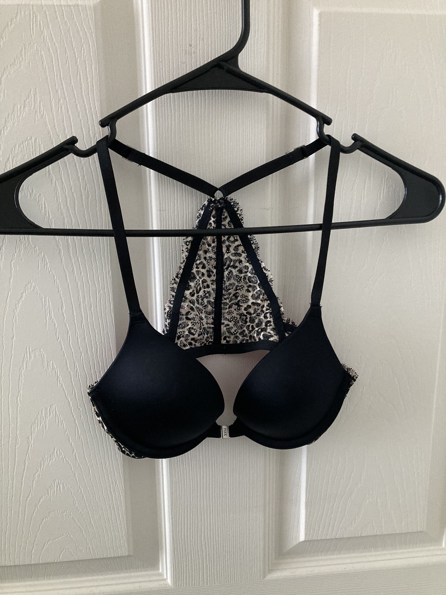 Pink Victoria’s Secret Black Push-Up Underwire Racerback Leopard Print Mesh Bra (32A)