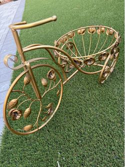 Vintage ( Rare find ) Gold Metal Tricycle Bike, Planter.