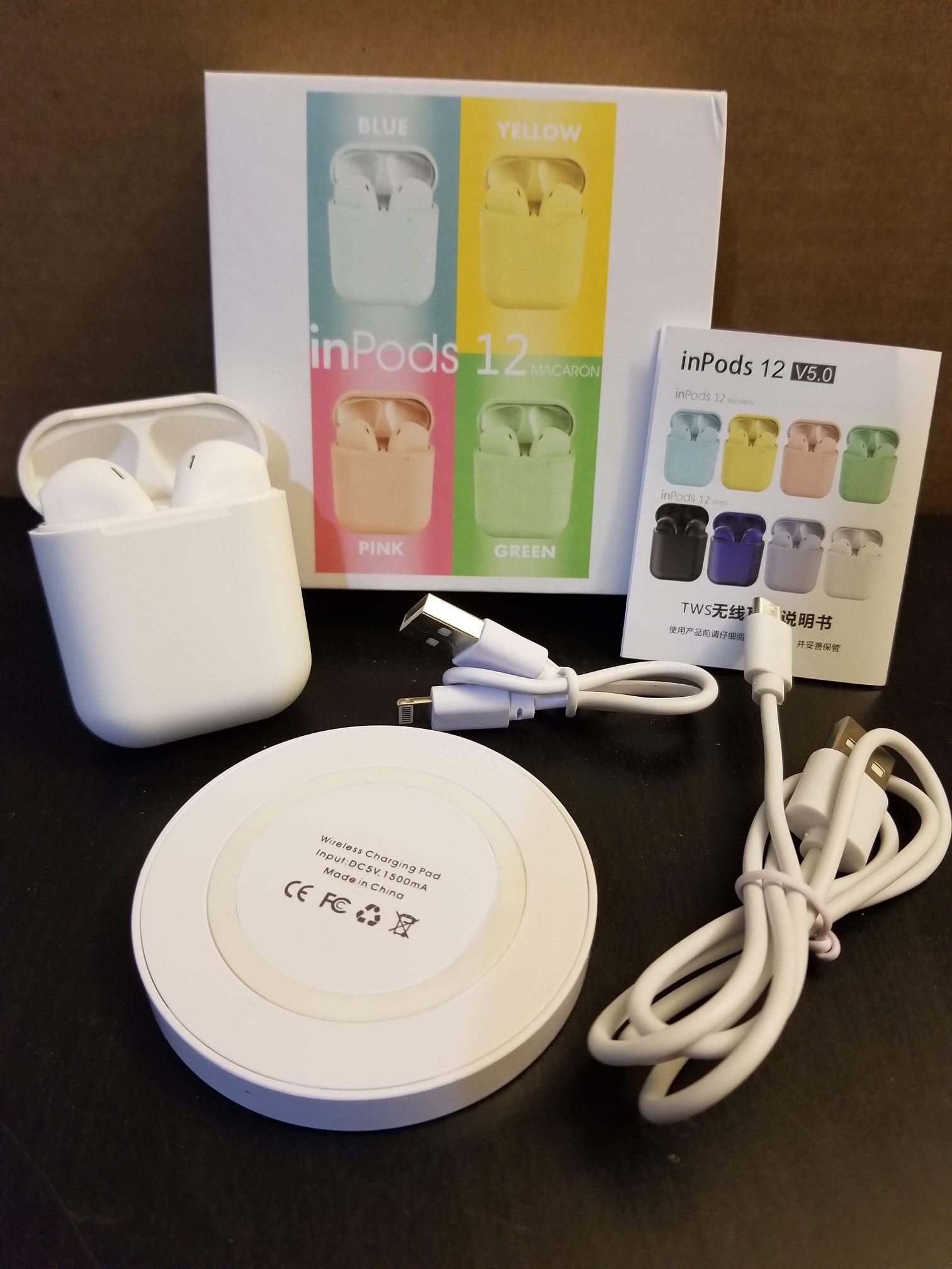 New White inPods 12 AirPods Headphones with wireless Charging pad
