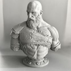 God of War Ragnarök Kratos Bust – 3D Printed Gray Statue 6.5” Collectible Figure