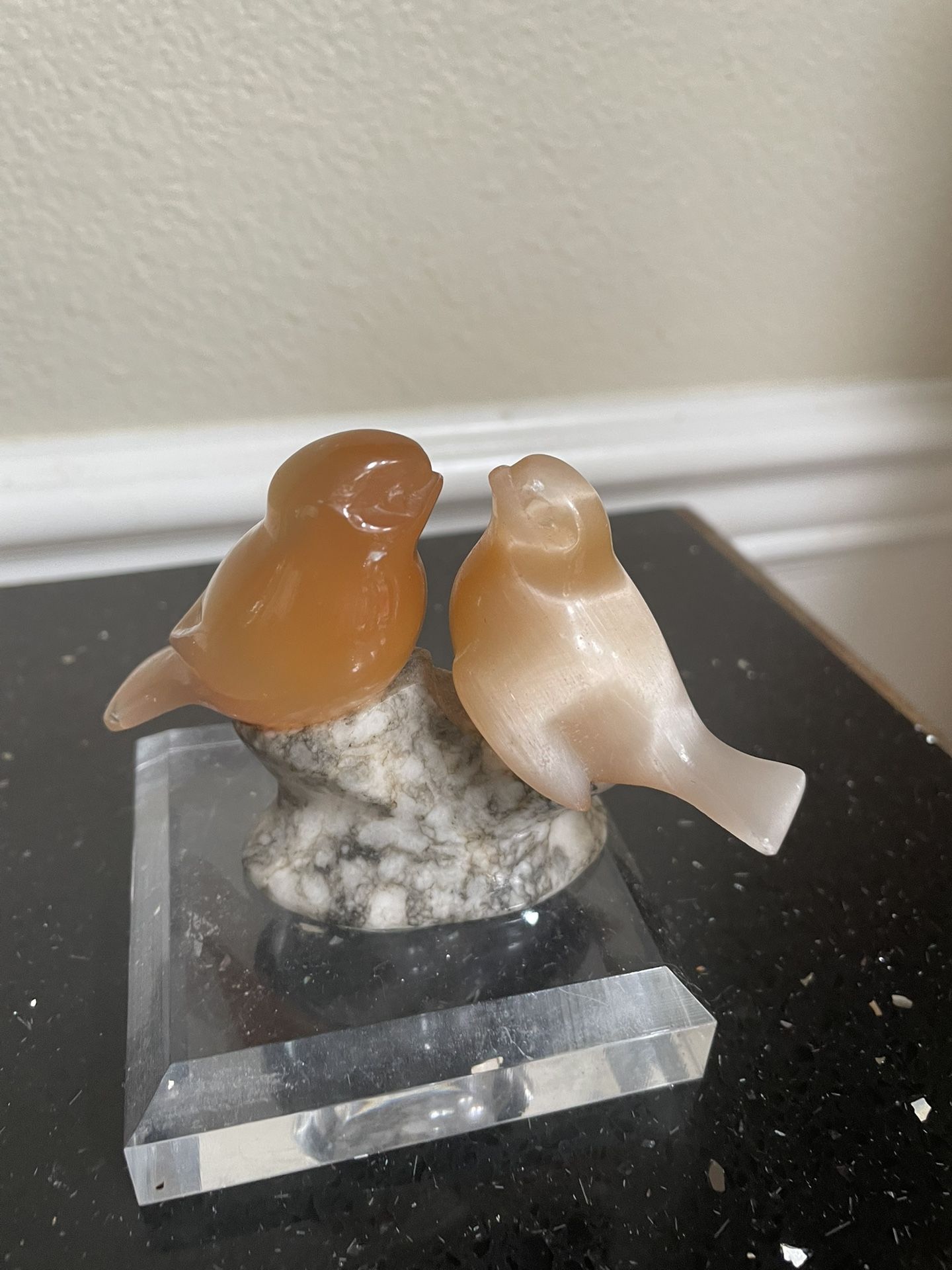 Peach Selenite Doves Perched on Marble Base