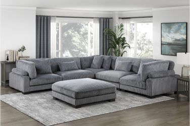 Gray Corduroy Sectional Sofa with Ottoman
