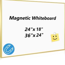 Magnetic Whiteboard, 36"x24" Gold Aluminum Frame Dry Erase White Board for Wall, Large Wipe Board with 6 Magnets, 4 Markers & 1 Eraser for Home

