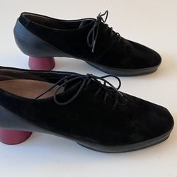 CAMPER Brand Women’s 40/9 Black Suede + Leather  Shoes with Red Rubber Heels